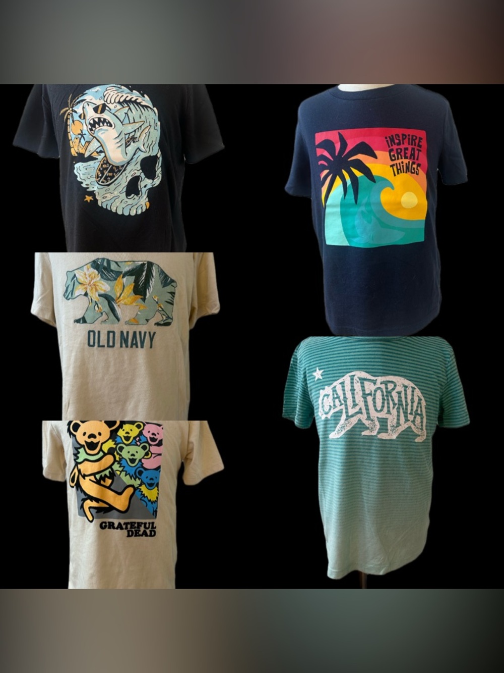 Old Navy Kids Graphic Tee Lot in Navy, Black, Cream, Teal & Green